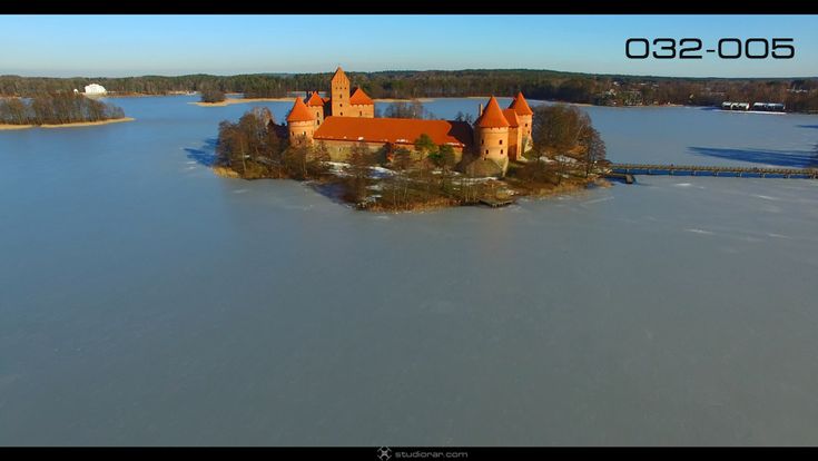 Medieval Gothic Island Castle In Winter Time – Drone Aerial Photography, Video...