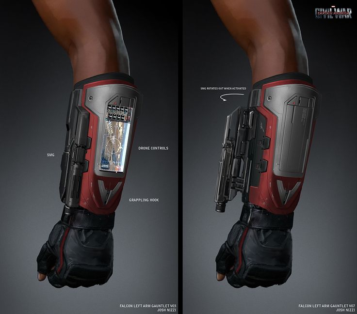 Concept art of 'Falcon' with left arm gauntlet with drone controls and a...
