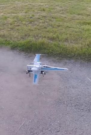 A homemade X-Wing Starfighter drone by Drone and Star Wars enthusiast Oliver C.