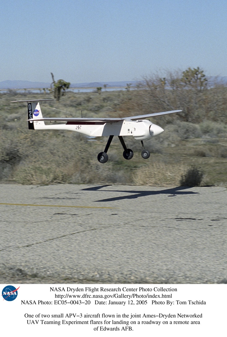 APV-3 flares for landing on a roadway on a remote area of Edwards AFB.