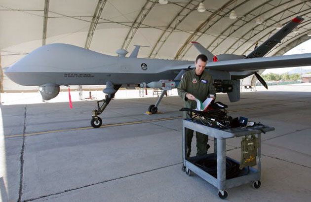 An MQ-9 Reaper drone in its hangar
