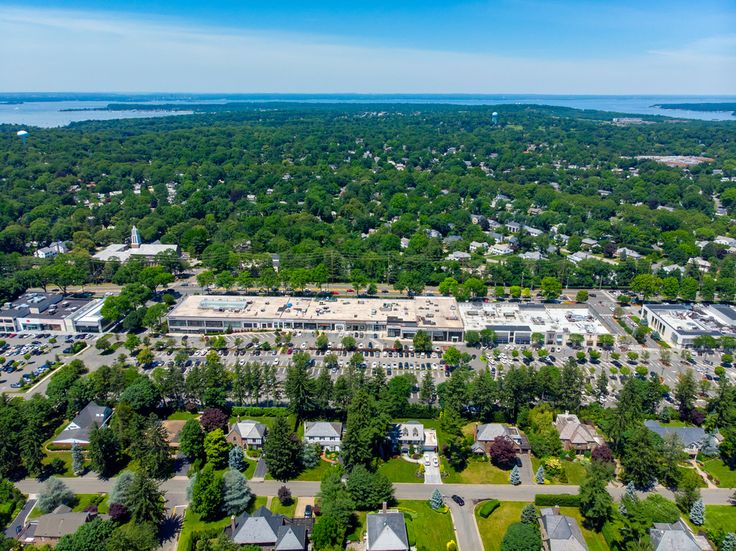 Aerial shot of the Americana Shopping Center and the Long Island Sound . . . . ....