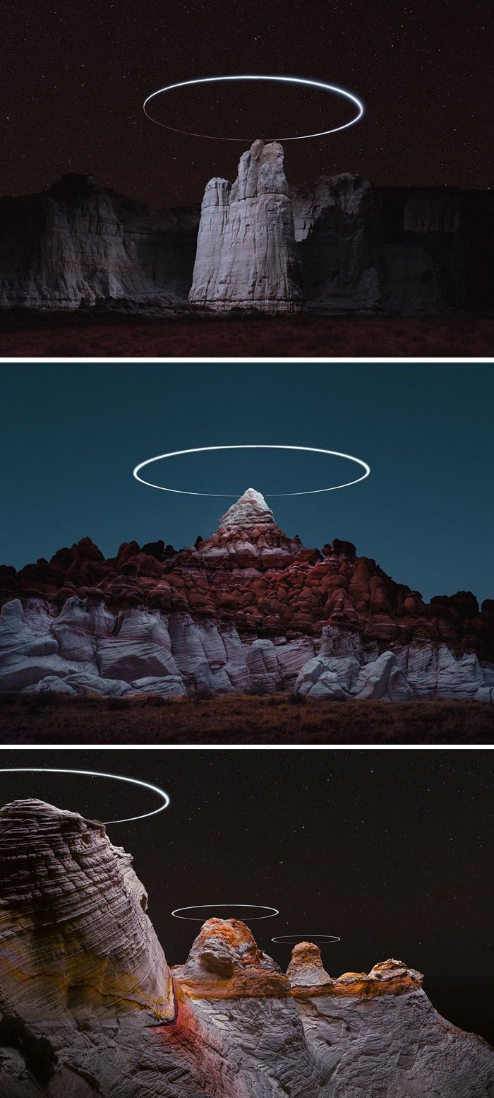 Reuben Wu has created light halos around rock pinnacles using long exposure dron...