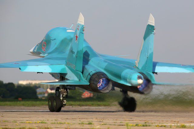 Russian Airforce Sukhoi Su-34 bomber at Aviadarts military exercise at Dyagilevo...
