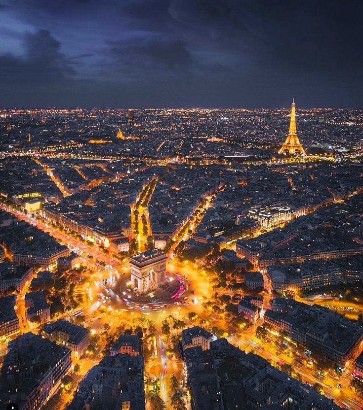 Paris at night, France. Aerial photography