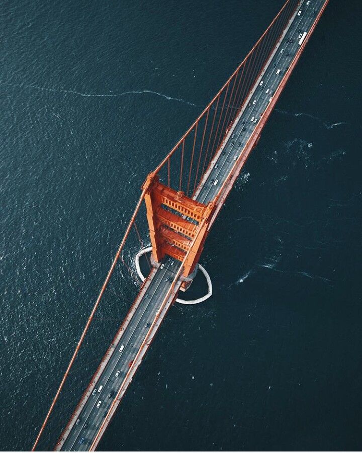 Drone view of the Golden Gate Bridge in San Francisco /// ♥ Repinned by Annie @ www.perfectpostage.com