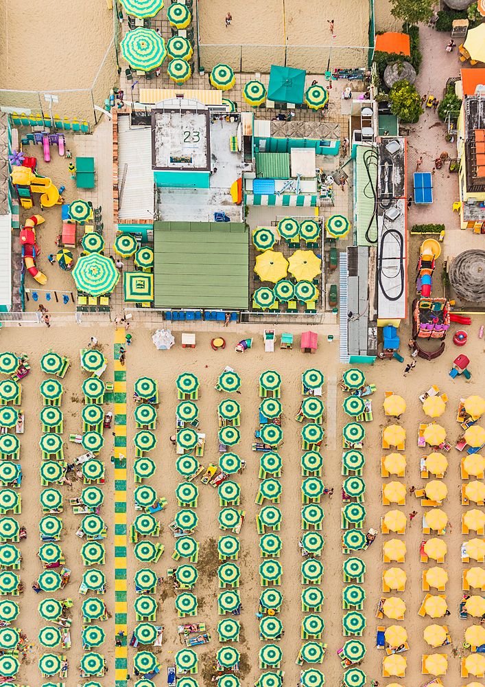 Aerial Photographs of seaside resorts at the adriatic coastline in Italy, between Ravenna and Rimini.Photographed August 2014.