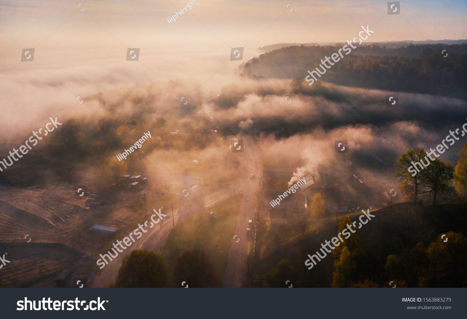 Aerial View Misty Nature Morning Above Stock Photo (Edit Now) 1563883279