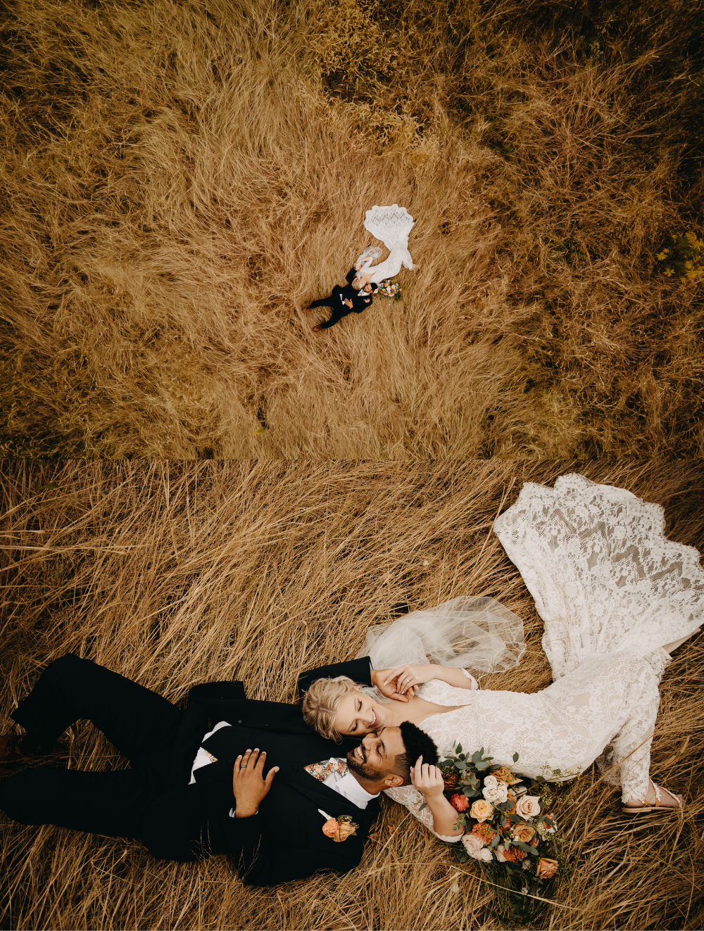 Laying Down Wedding Photos Poses. Drone Wedding Pictures.